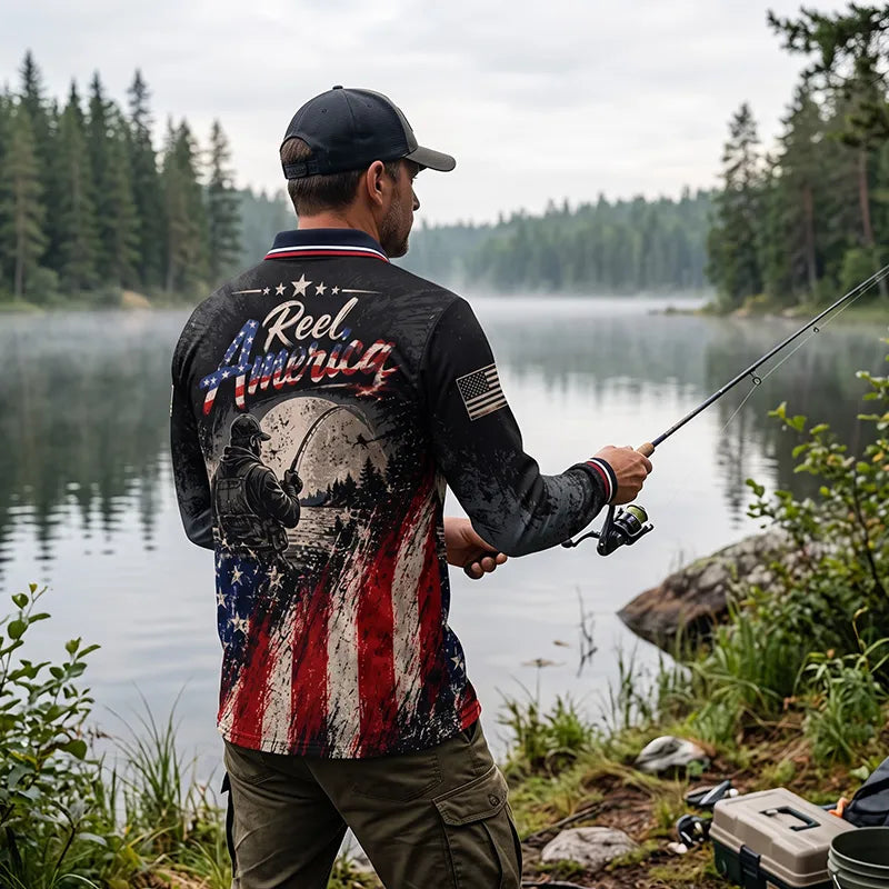 Reel America Bass Fishing Custom Name Patriotic Long Sleeve Polo Shirt