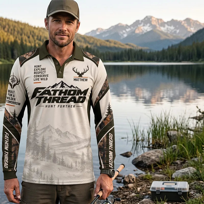 Fathom Thread Hunting Outdoor Camo Landscape Polo Long Sleeve Shirt