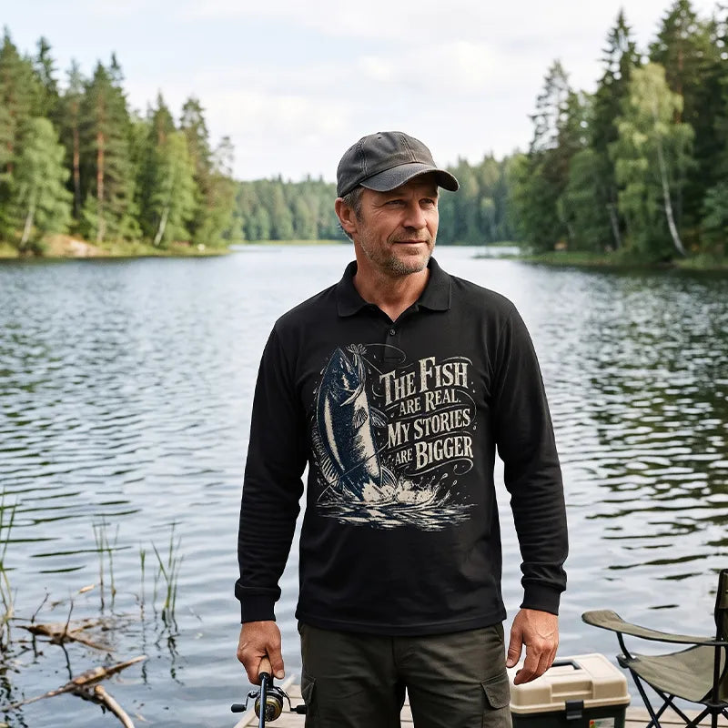The Fish Are Real My Stories Are Bigger Fishing Polo Long Sleeve Shirt