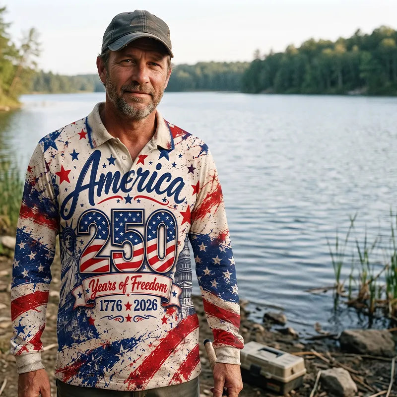 Personalized America 250 Years Of Freedom American Flag Polo Long Sleeve Shirt