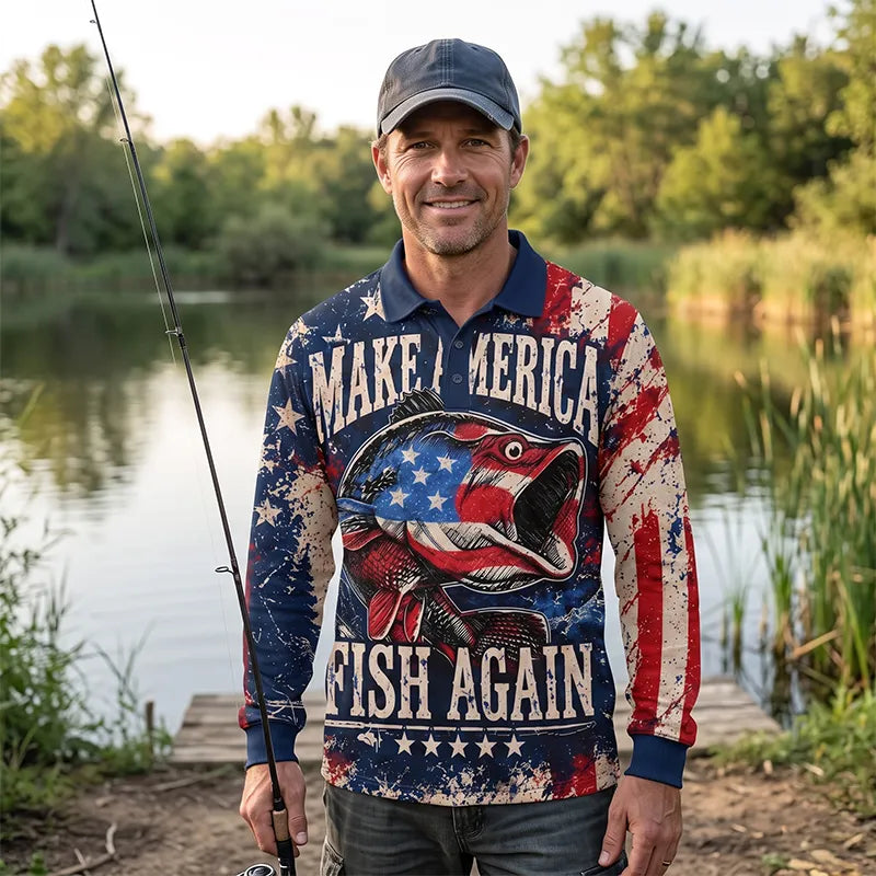 Personalized Make America Fish Again American Flag Fishing Polo Long Sleeve Shirt