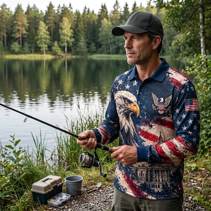 Personalized Land Of The Free Bald Eagle American Flag Polo Long Sleeve Shirt