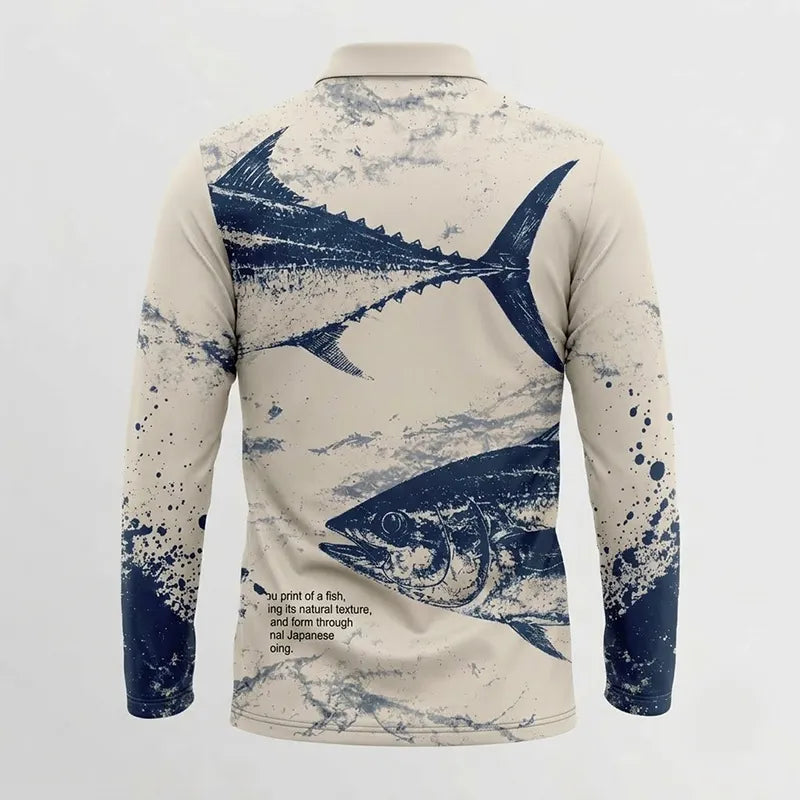 Personalized Fathom Thread Gyotaku Tuna Ocean Fishing Polo Long Sleeve Shirt