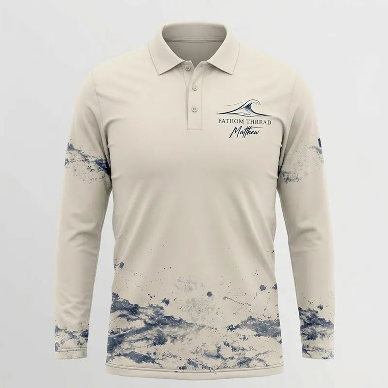 Fathom Thread Gyotaku Fishing Art Outdoor Polo Long Sleeve Shirt