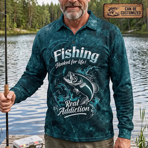 Personalized Hooked for Life Fishing Polo Long Sleeve Shirt