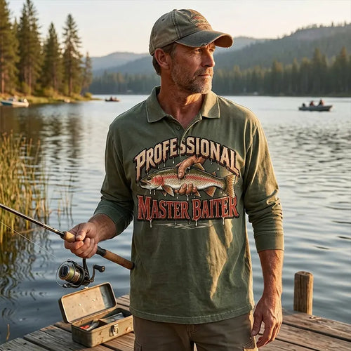 Professional Master Baiter Vintage Rainbow Trout Fishing Polo Long Sleeve Shirt