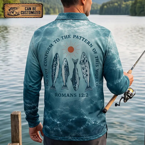 Personalized Romans 12:2 Christian Ocean Fishing Polo Long Sleeve Shirt