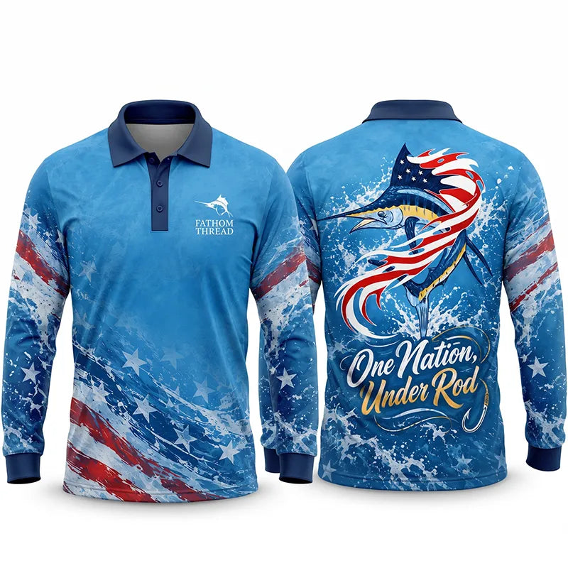 Custom One Nation Under Rod Patriotic Fishing Polo Long Sleeve Shirt