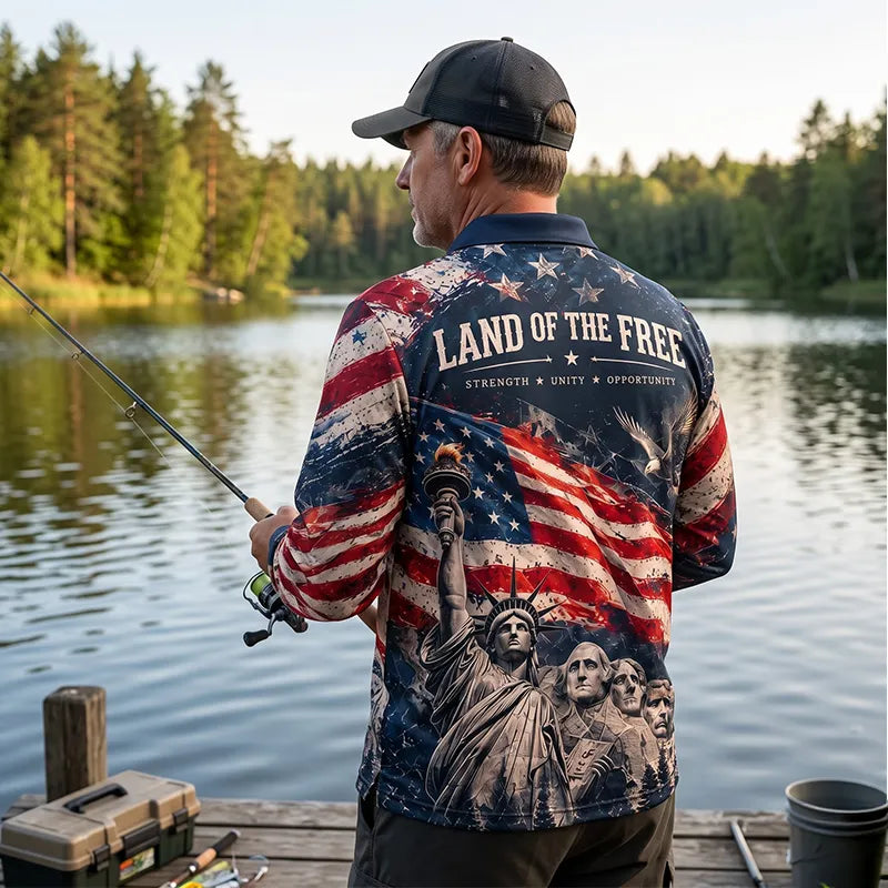 Personalized Land Of The Free Bald Eagle American Flag Polo Long Sleeve Shirt