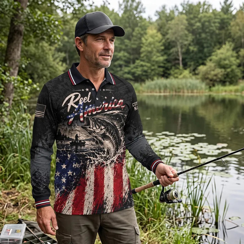 Reel America Bass Fishing Custom Name Patriotic Long Sleeve Polo Shirt