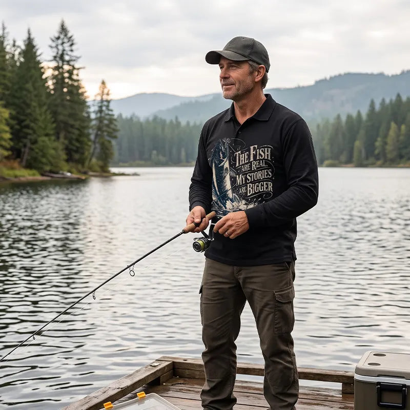 The Fish Are Real My Stories Are Bigger Fishing Polo Long Sleeve Shirt