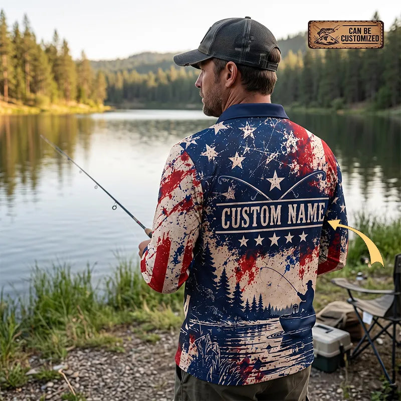Personalized Make America Fish Again American Flag Fishing Polo Long Sleeve Shirt