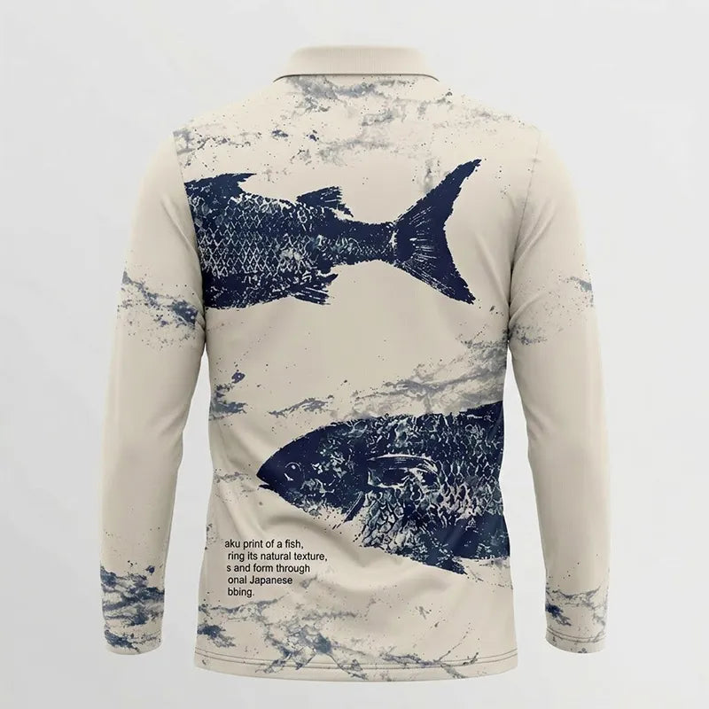 Fathom Thread Gyotaku Fishing Art Outdoor Polo Long Sleeve Shirt