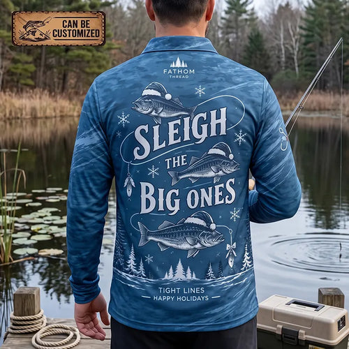 Personalized Sleigh the Big Ones Christmas Fishing Polo Long Sleeve Shirt