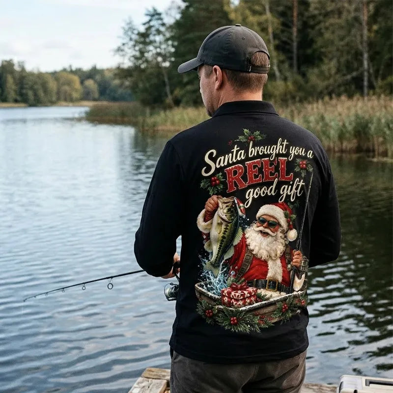 Santa REEL Good Gift Fishing Christmas Polo Long Sleeve Shirt