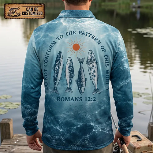 Personalized Romans 12:2 Christian Ocean Fishing Polo Long Sleeve Shirt