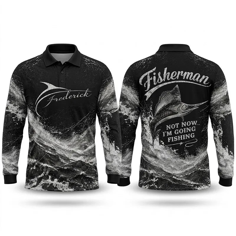 Personalized Sailfish Fisherman Not Now I'm Going Fishing Polo Long Sleeve Shirt