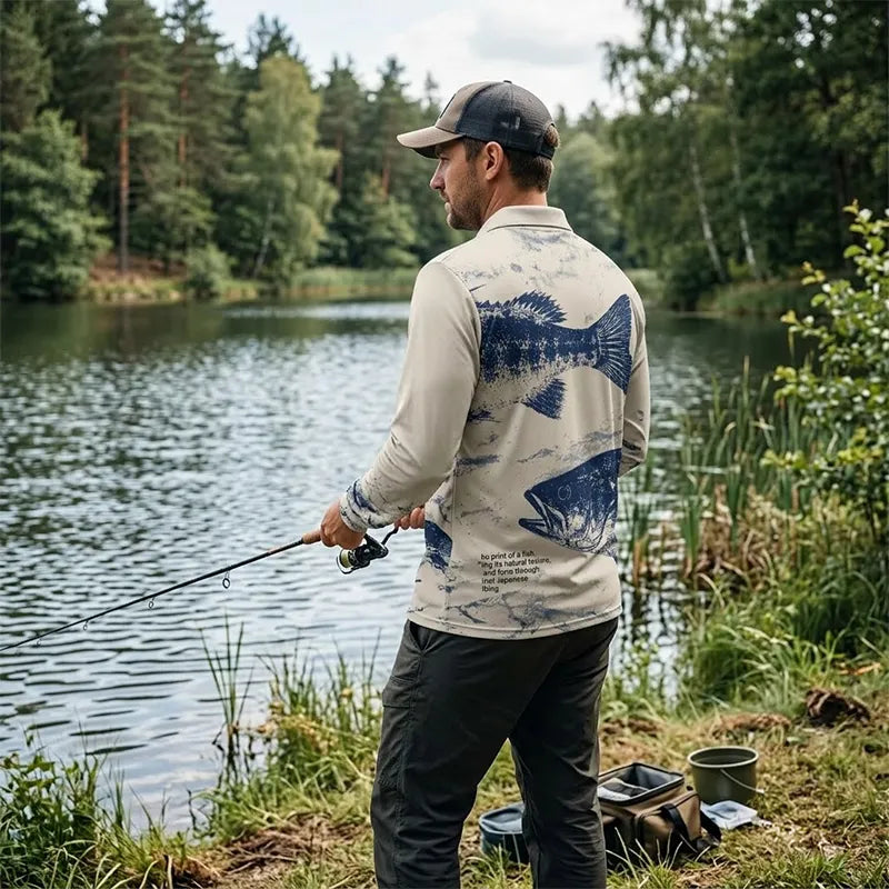 Fathom Thread Gyotaku Bass Fishing Polo Long Sleeve Shirt
