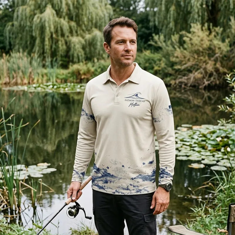 Fathom Thread Gyotaku Fishing Art Outdoor Polo Long Sleeve Shirt