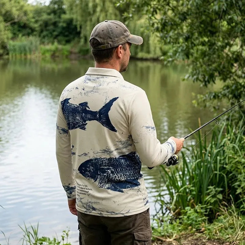 Fathom Thread Gyotaku Fishing Art Outdoor Polo Long Sleeve Shirt