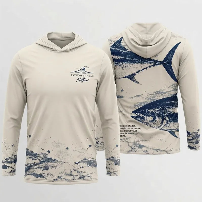 Personalized Fathom Thread Gyotaku Tuna Ocean Fishing Hooded Long Sleeve Shirt