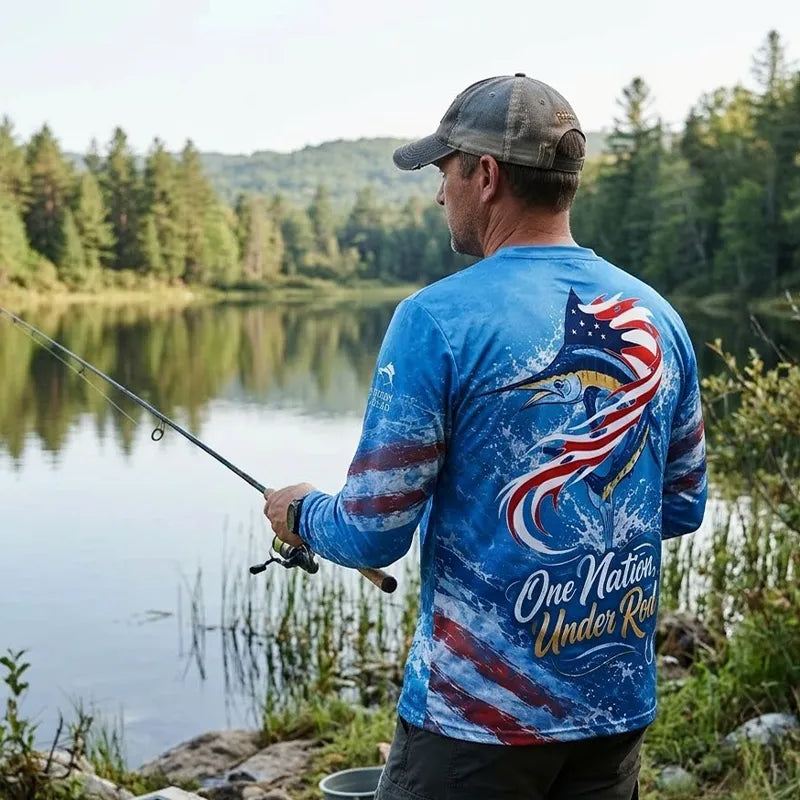 Custom One Nation Under Rod Patriotic Fishing Performance Long Sleeve Shirt