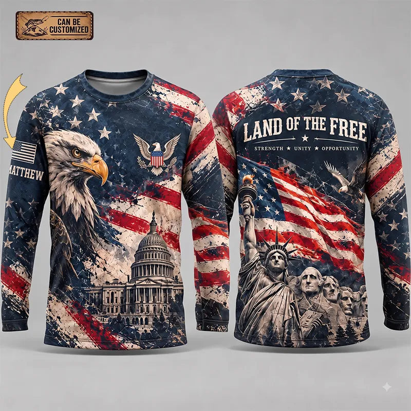 Personalized Land Of The Free Bald Eagle American Flag Long Sleeve Shirt
