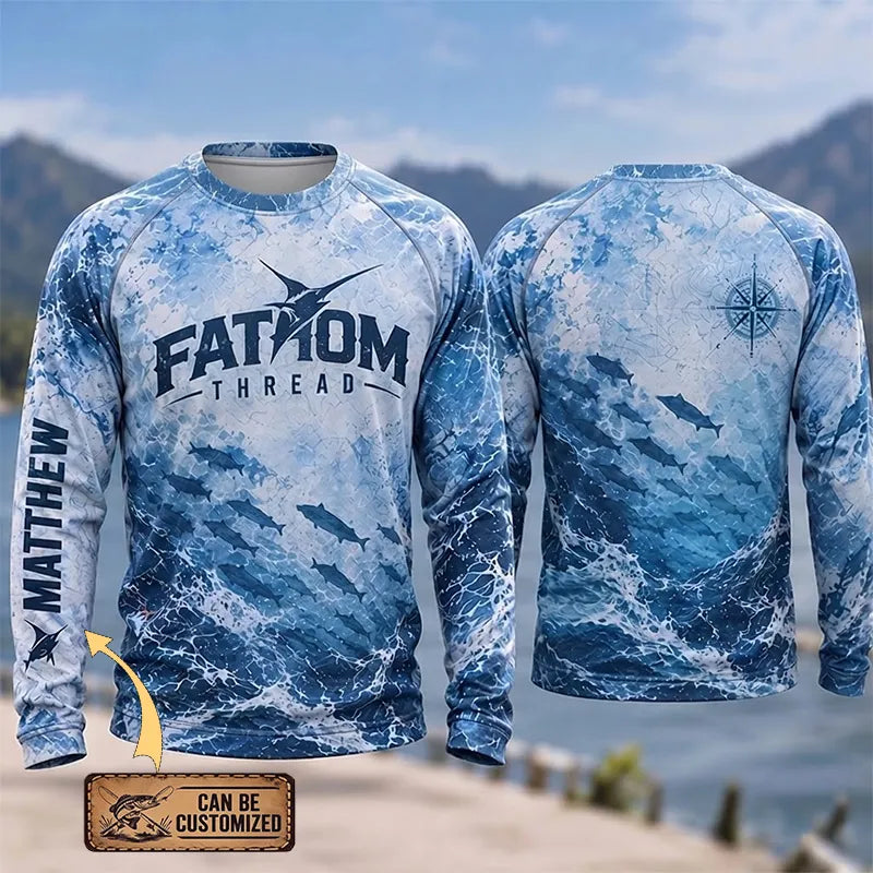 Ocean Waves Swordfish Personalized Fishing Long Sleeve Shirt