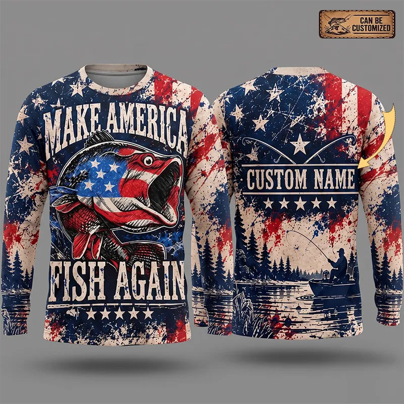 Personalized Make America Fish Again American Flag Fishing Long Sleeve Shirt
