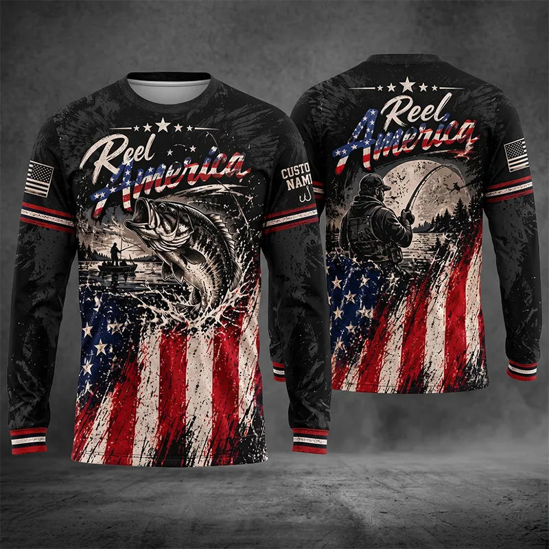 Reel America Bass Fishing Custom Name Patriotic Long Sleeve Shirt
