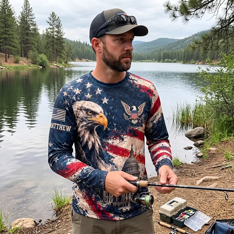 Personalized Land Of The Free Bald Eagle American Flag Long Sleeve Shirt