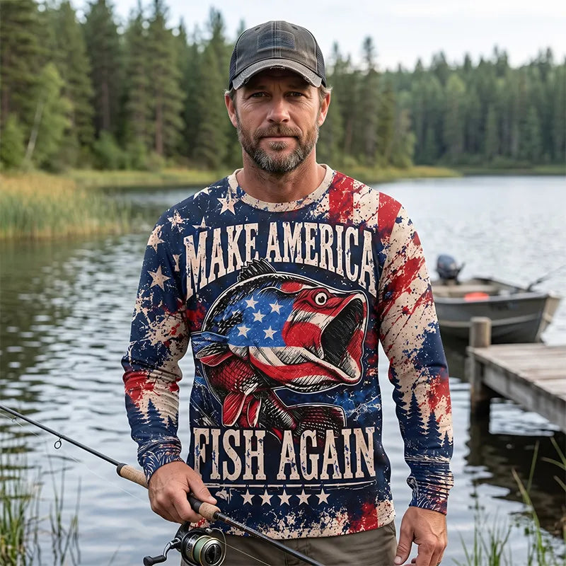 Personalized Make America Fish Again American Flag Fishing Long Sleeve Shirt