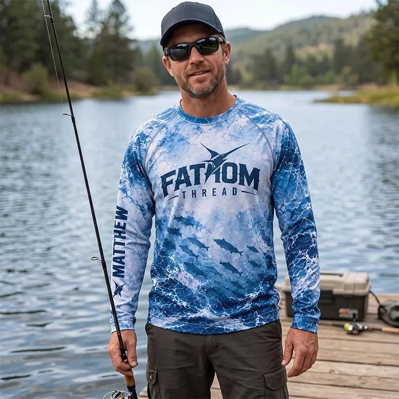 Ocean Waves Swordfish Personalized Fishing Long Sleeve Shirt