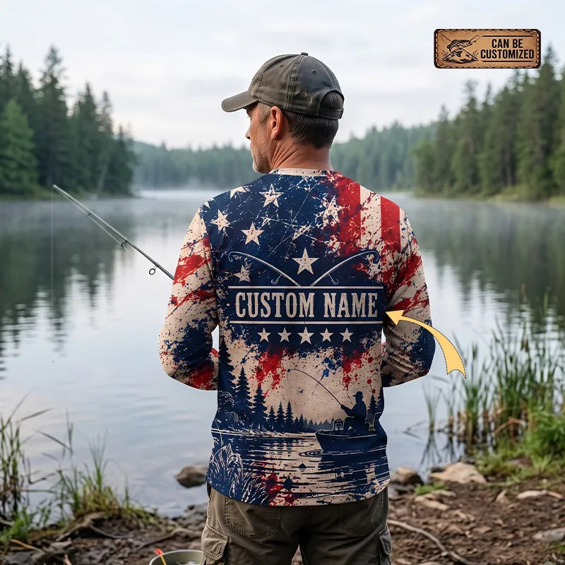 Personalized Make America Fish Again American Flag Fishing Long Sleeve Shirt