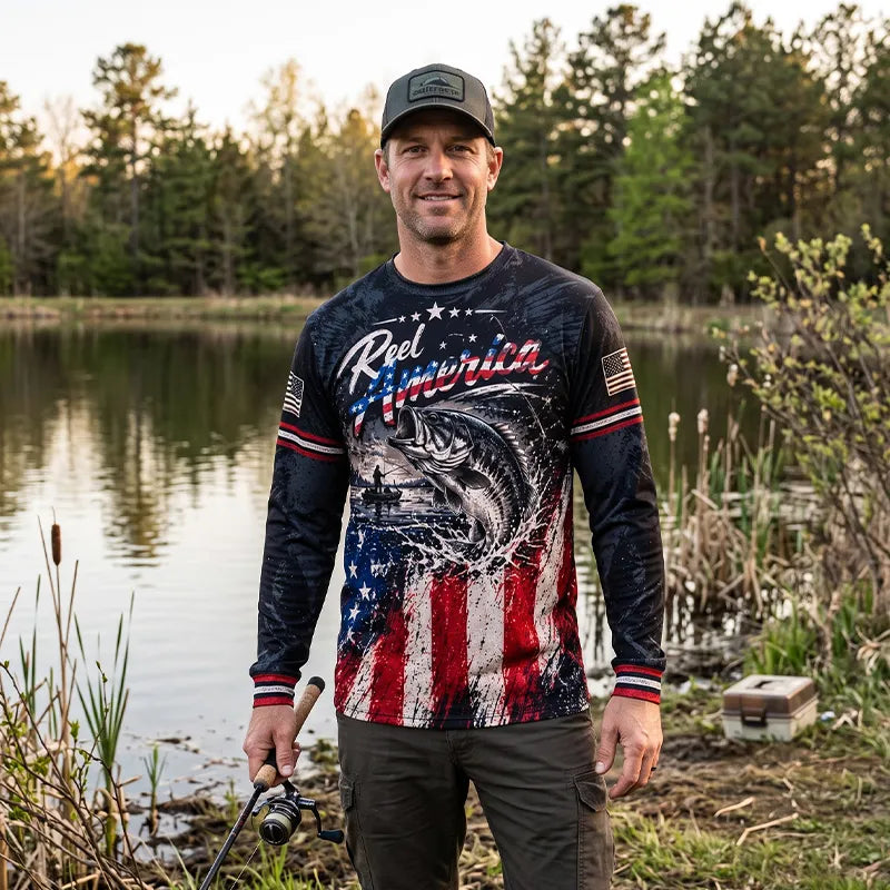 Reel America Bass Fishing Custom Name Patriotic Long Sleeve Shirt