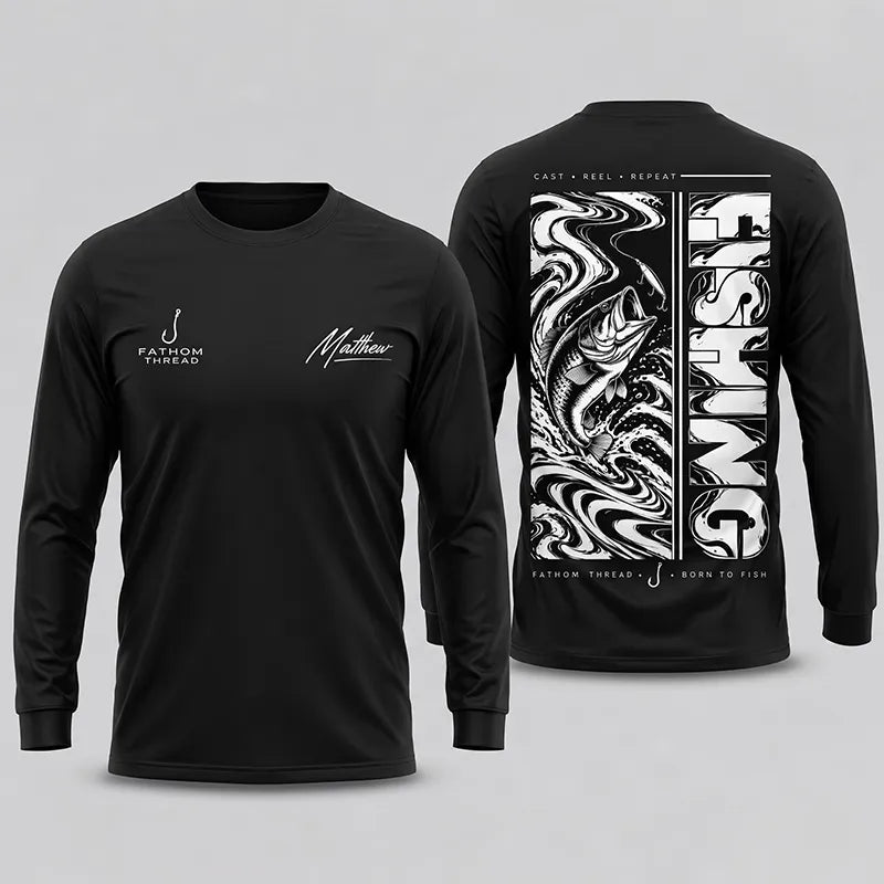 Personalized Fishing Cast Reel Repeat Black Long Sleeve Shirt