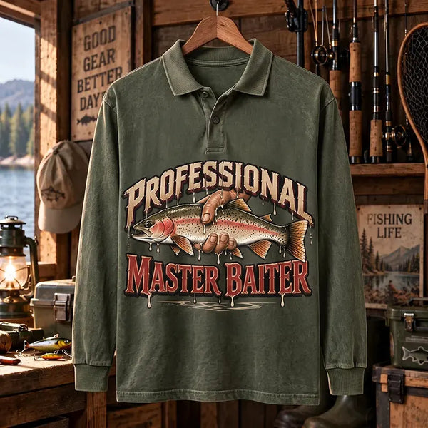 Master Baiter Vintage Rainbow Trout Fishing Polo Long Sleeve Shirt 2026