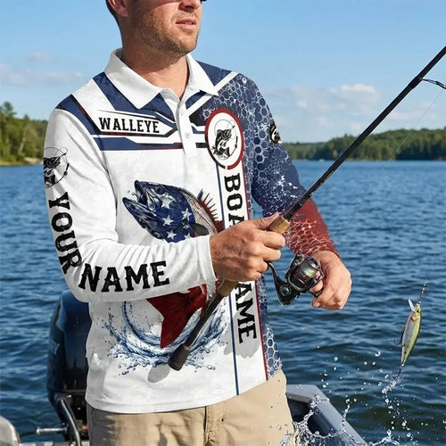Personalized American Flag Fishing Polo Long Sleeve Shirt