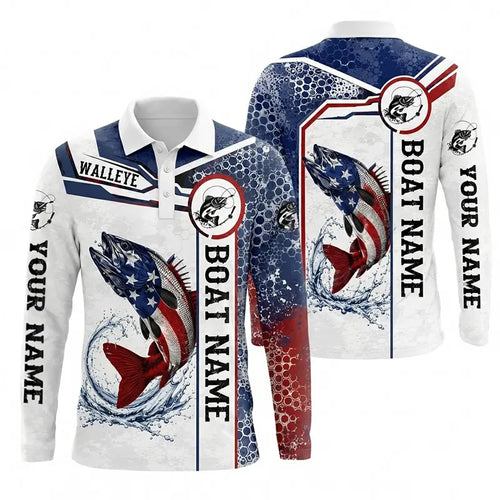 Personalized American Flag Fishing Polo Long Sleeve Shirt