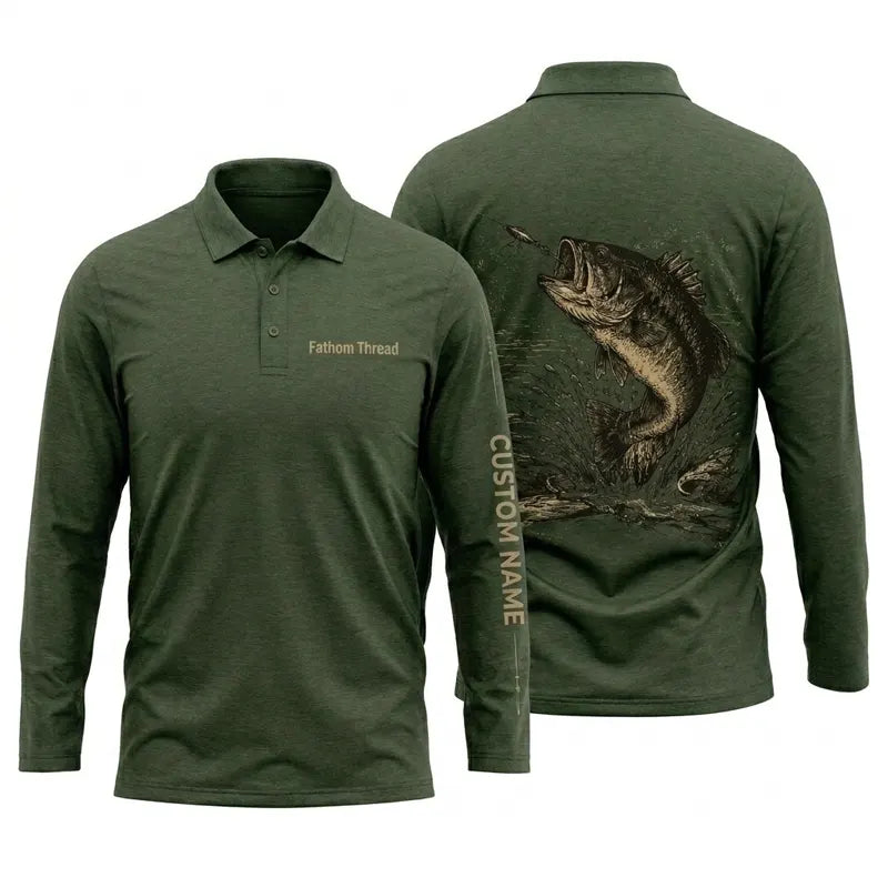 Personalized Bass Fishing Polo Long Sleeve Shirt