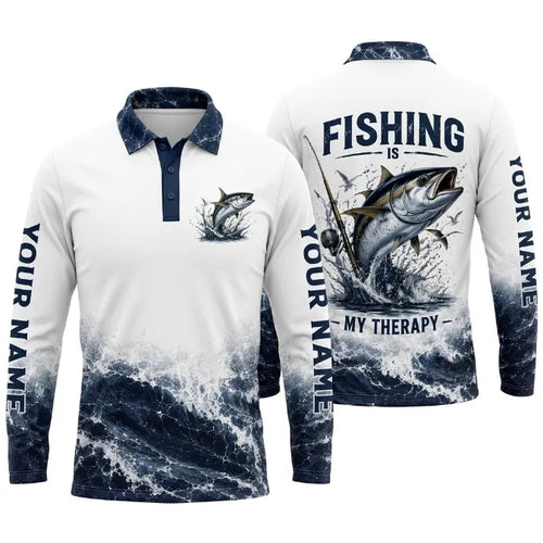 Personalized Fishing Is My Therapy Fishing Polo Long Sleeve Shirt