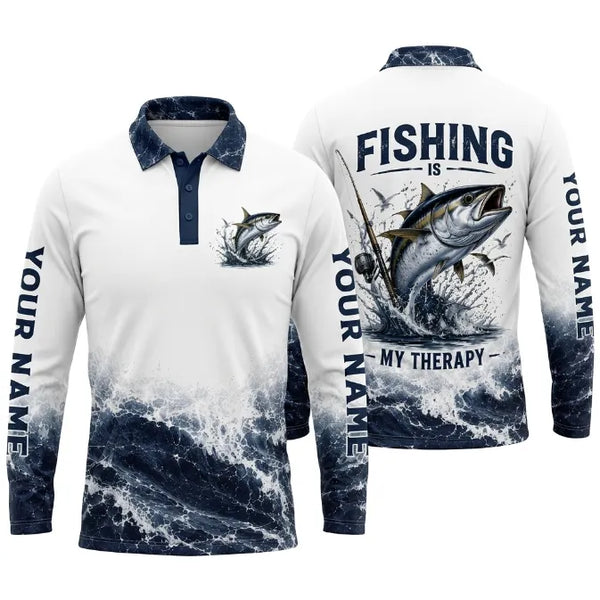 Personalized Fishing Is My Therapy Fishing Polo Long Sleeve Shirt