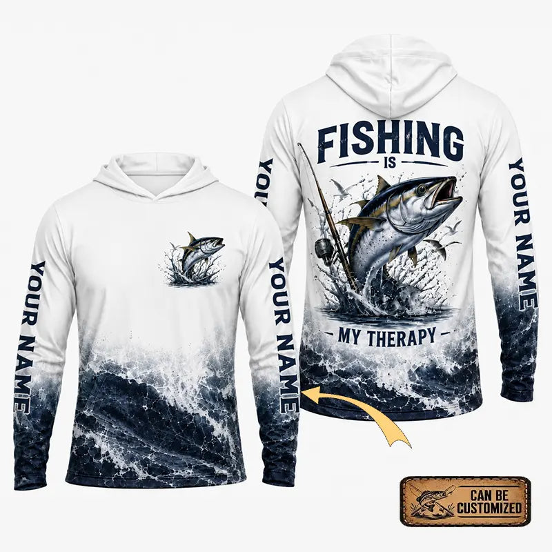 Personalized Fishing Is My Therapy Hooded Long Sleeve Shirt 2026