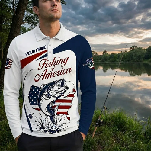 Personalized Fishing Of America Polo Long Sleeve Shirt
