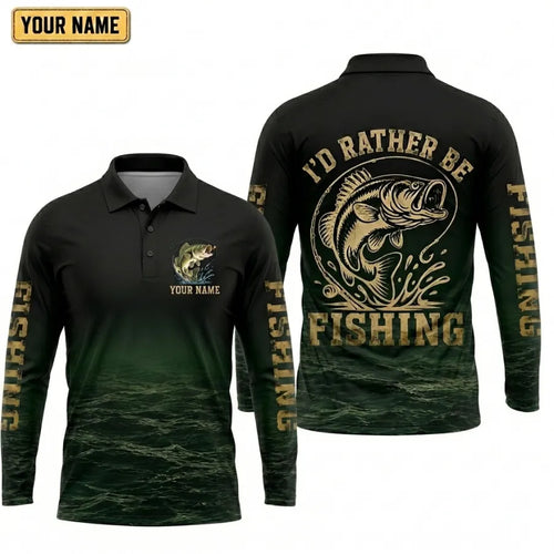 Personalized I'd Rather Be Fishing Polo Long Sleeve Shirt