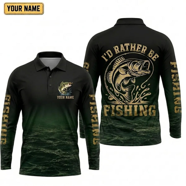 Personalized I'd Rather Be Fishing Polo Long Sleeve Shirt