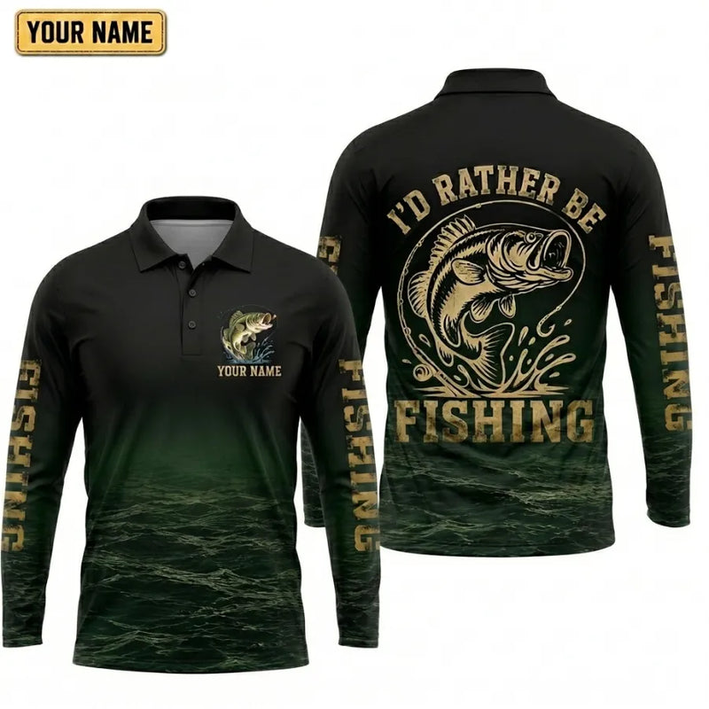 Personalized I'd Rather Be Fishing Polo Long Sleeve Shirt