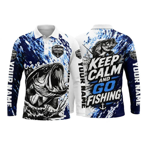 Personalized Keep Calm And Go Fishing Bass Fish Polo Long Sleeve Shirt
