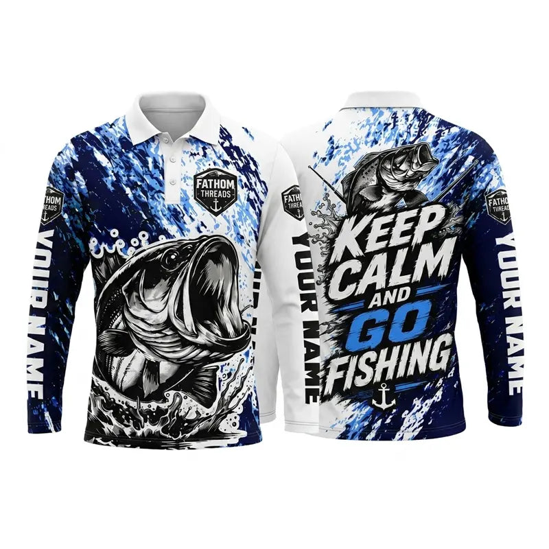 Personalized Keep Calm And Go Fishing Bass Fish Polo Long Sleeve Shirt