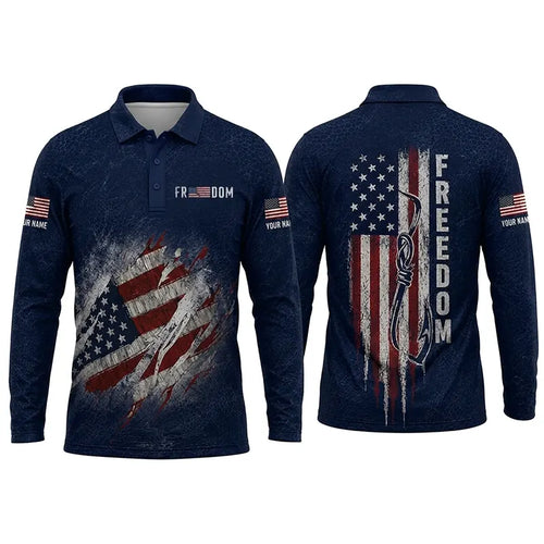 Freedom American Flag Personalized Fishing Polo Long Sleeve Shirt